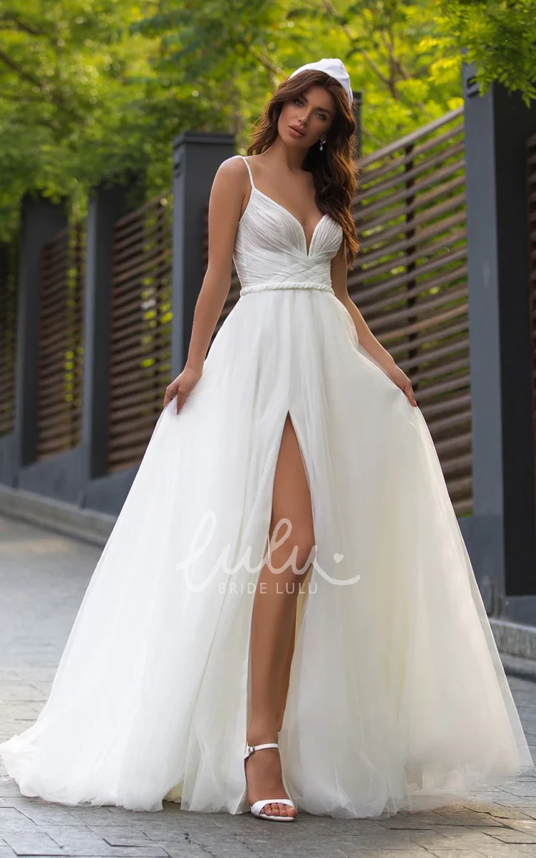 Luxury A-Line Spaghetti Sweetheart Tulle Court Wedding Dress with Split Front