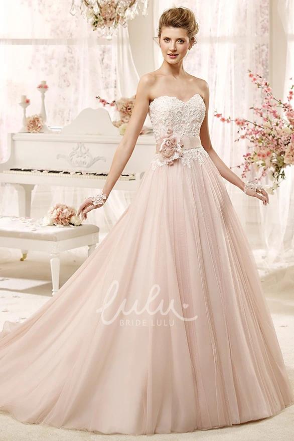 Lovely Strapless A-line Wedding Dress with Flower Sash & Pleated Skirt Classy Strapless A-line Wedding Dress