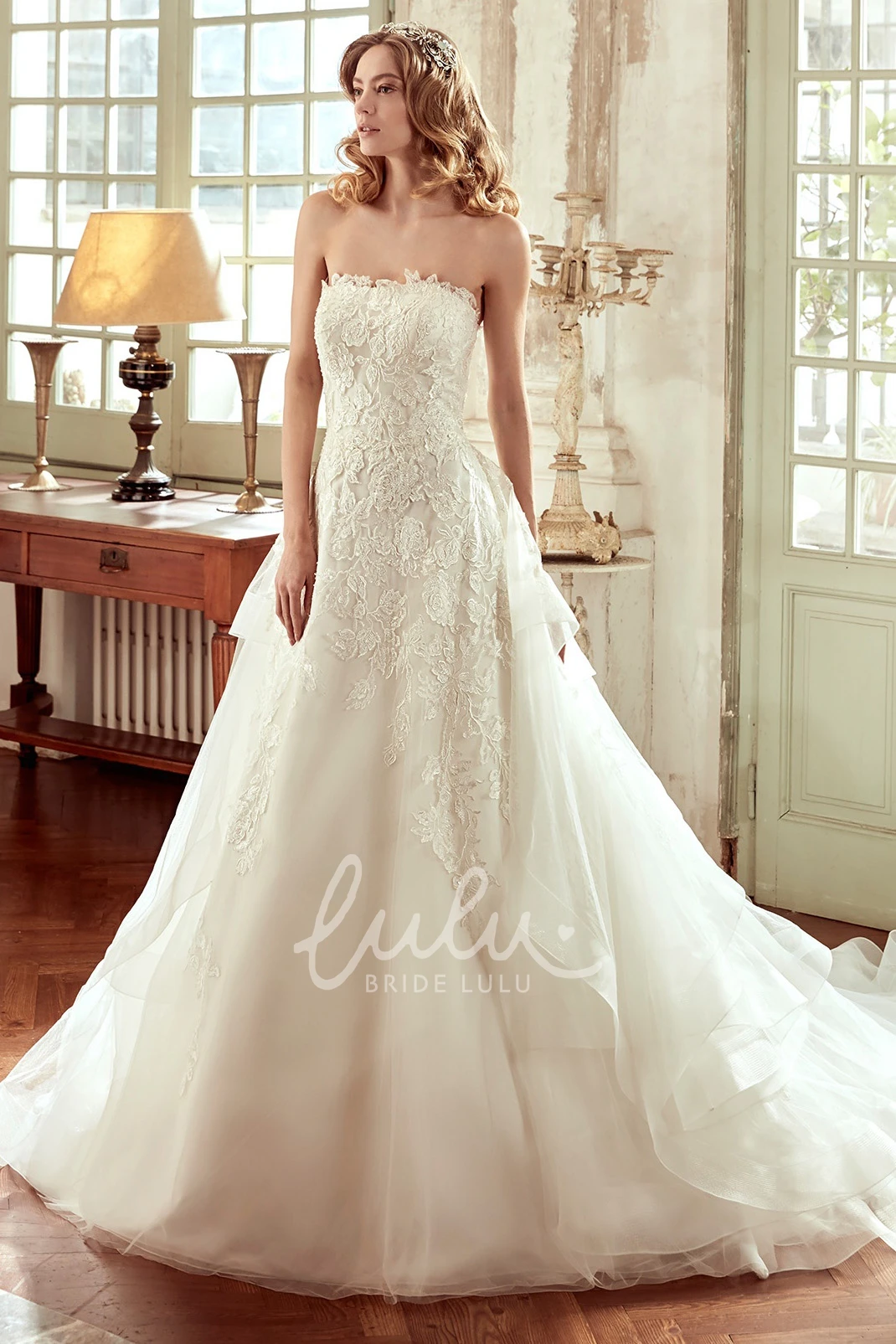 A-Line Lace Embroidered Bodice Wedding Dress with Multi-layer Tulle Skirt Classy Bridal Dress