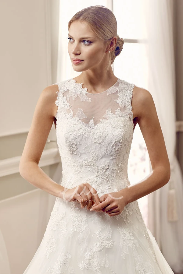 Sleeveless Jewel Lace&Tulle Ball-Gown Wedding Dress with Illusion Back and Appliques Classic Bridal Gown