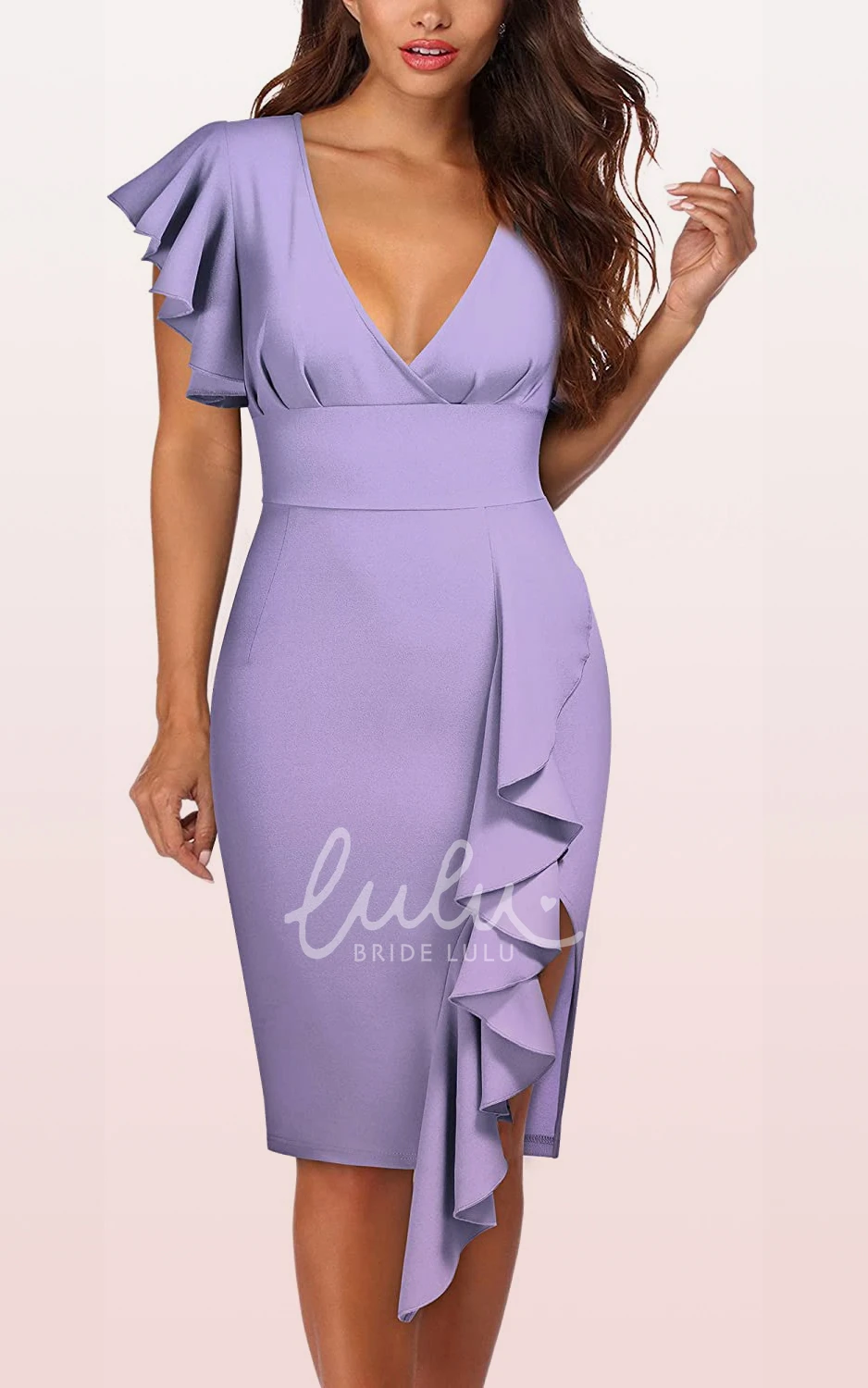 Short Sleeve Taffeta Ruffle Pencil Formal Dress with Modern Zipper