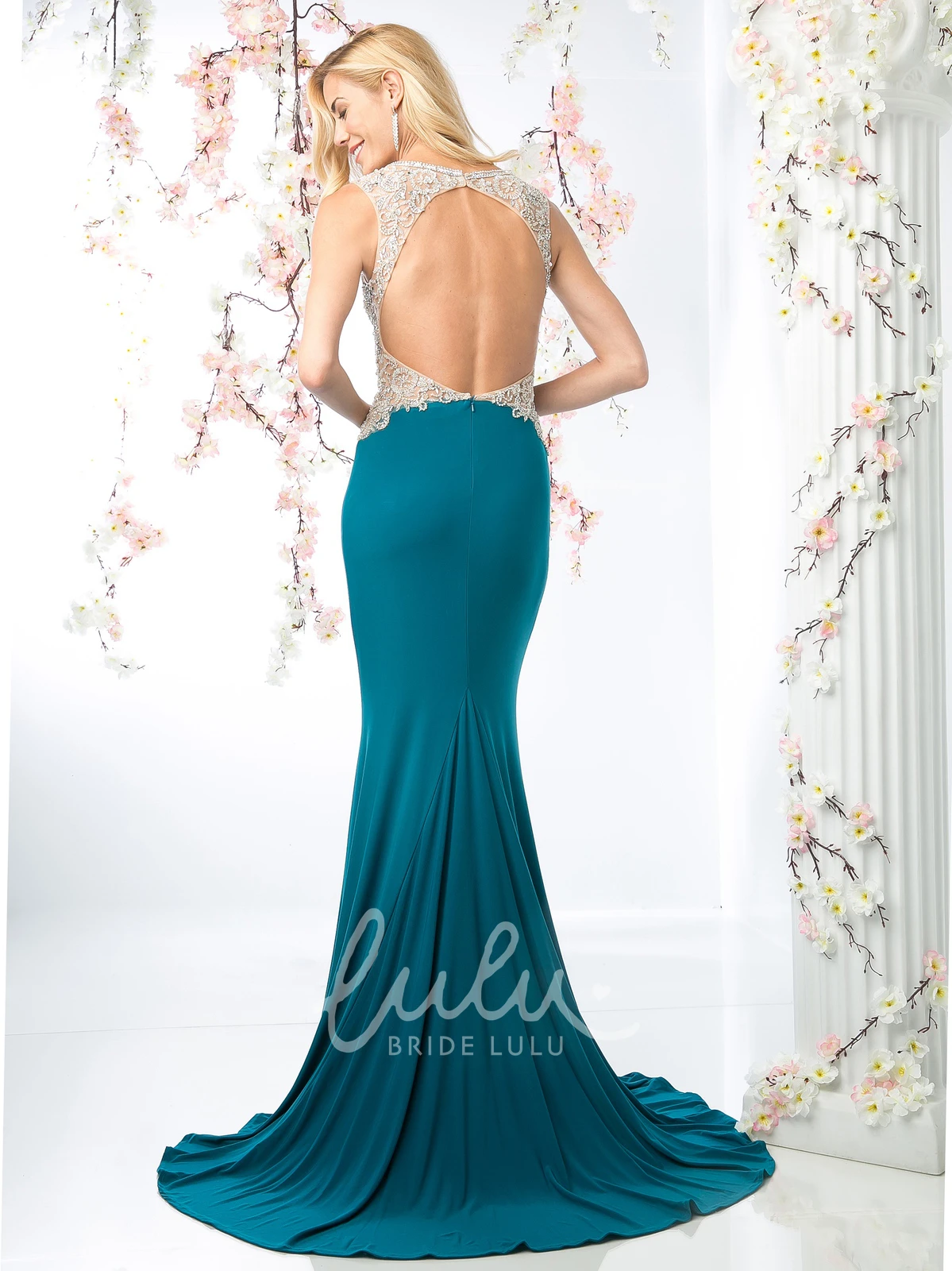 Pleated Sheath Jersey Formal Dress with V-Neck and Keyhole