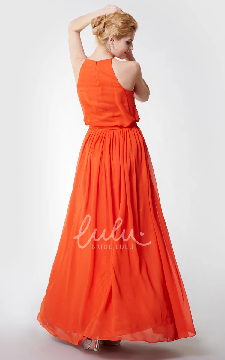Long Chiffon Halter Bridesmaid Dress with Flowy Skirt