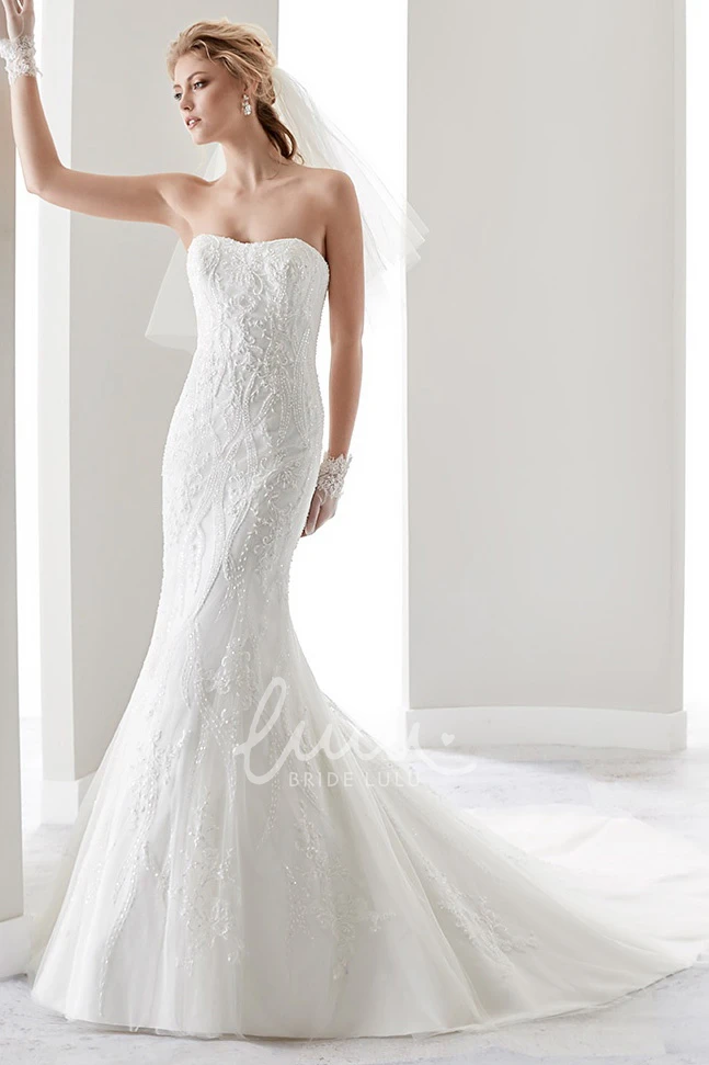 Strapless Lace Bridal Gown with Court Train and Half Back Classic Wedding Dress