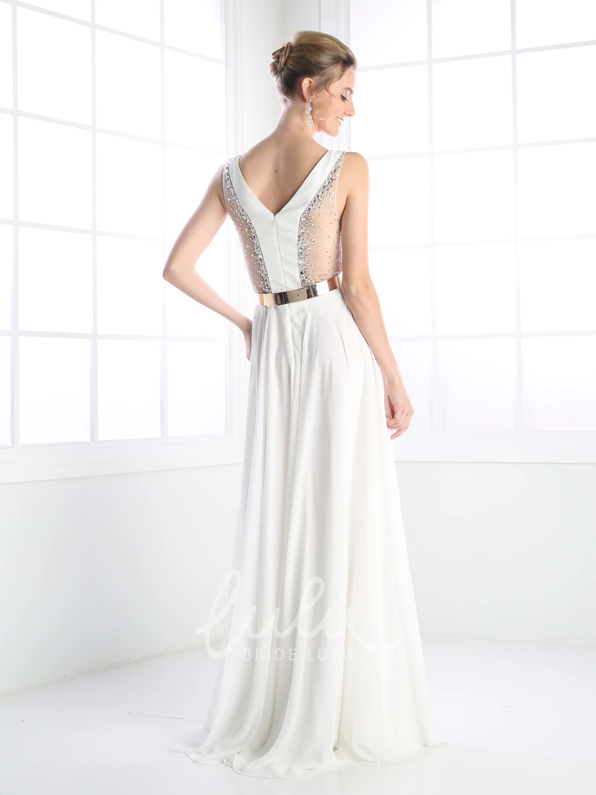 Scoop-Neck Sleeveless Chiffon Dress with Low-V Back A-Line Prom Dress