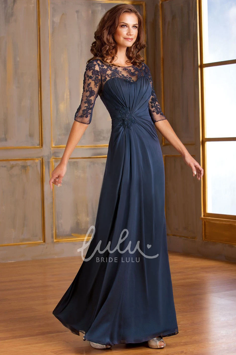 Appliqued Half-Sleeved A-Line Long MOB Dress with Keyhole Back