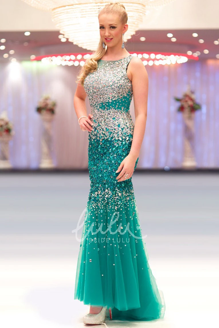 Sheath Crystal Sequins&Tulle Prom Dress Ankle-Length Sleeveless Scoop-Neck