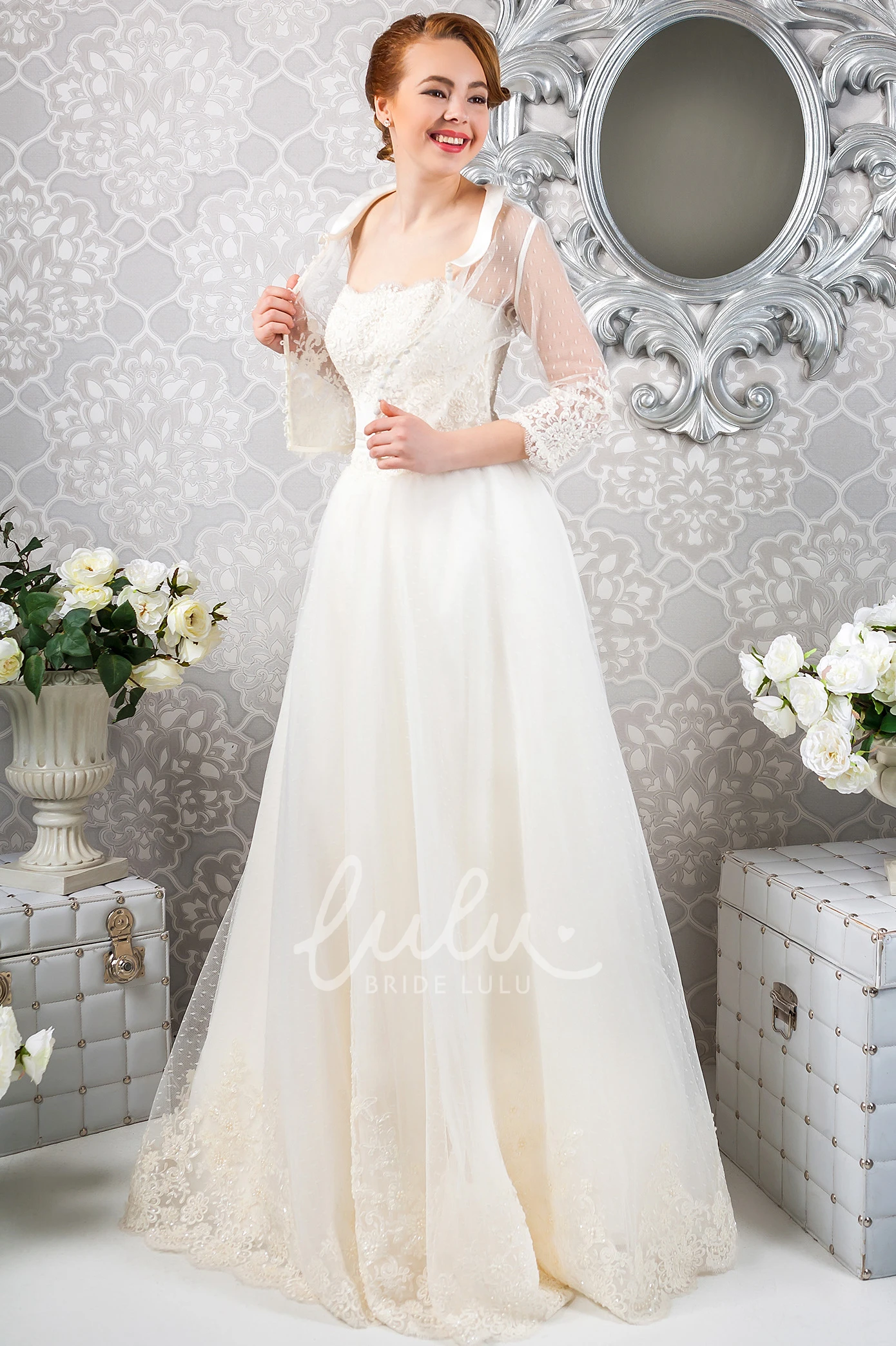Floor-Length A-Line Tulle Wedding Dress with Bolero and Appliques