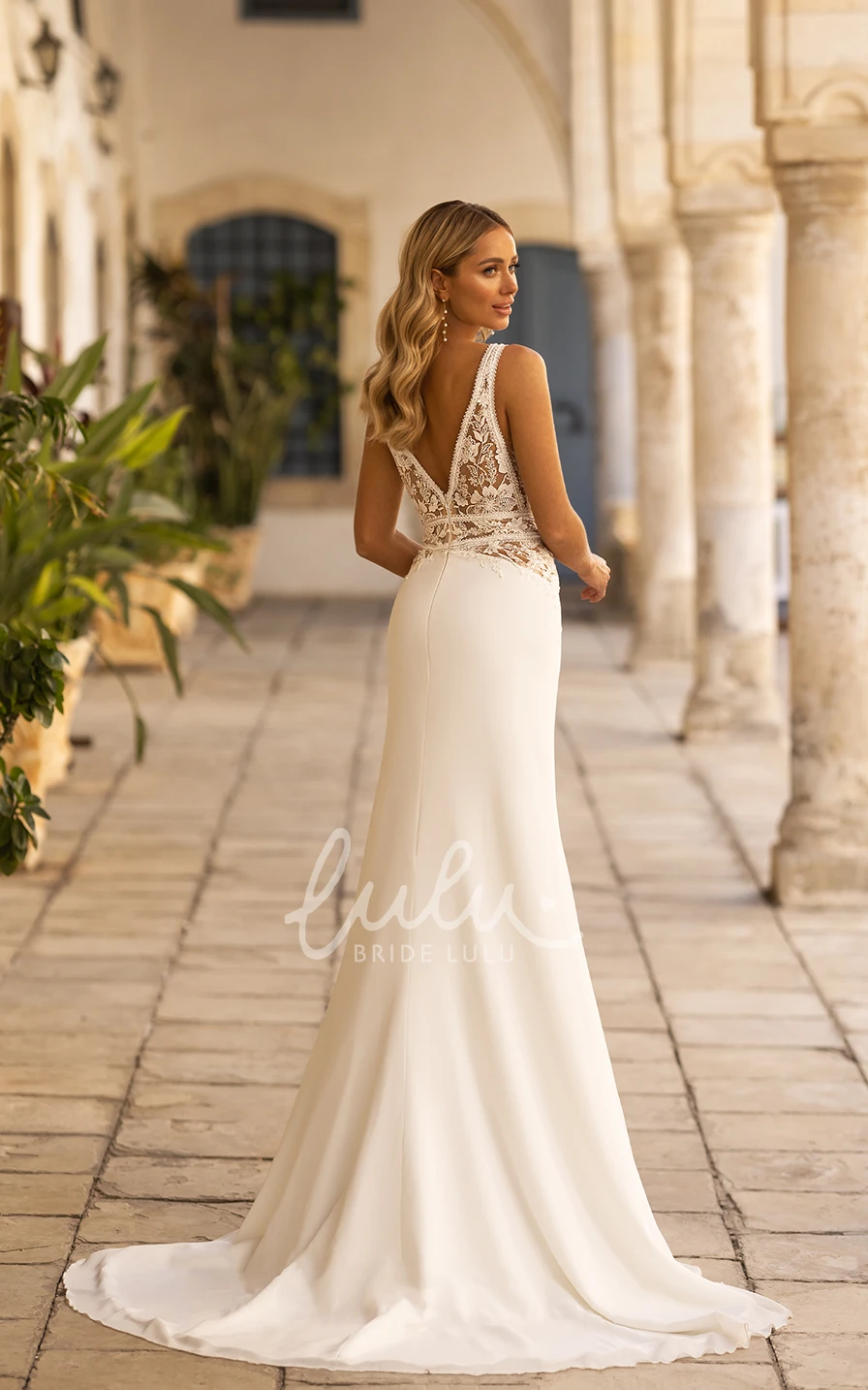Plunging Neckline Sweep Train Mermaid Lace Sleeveless Sexy Wedding Dress