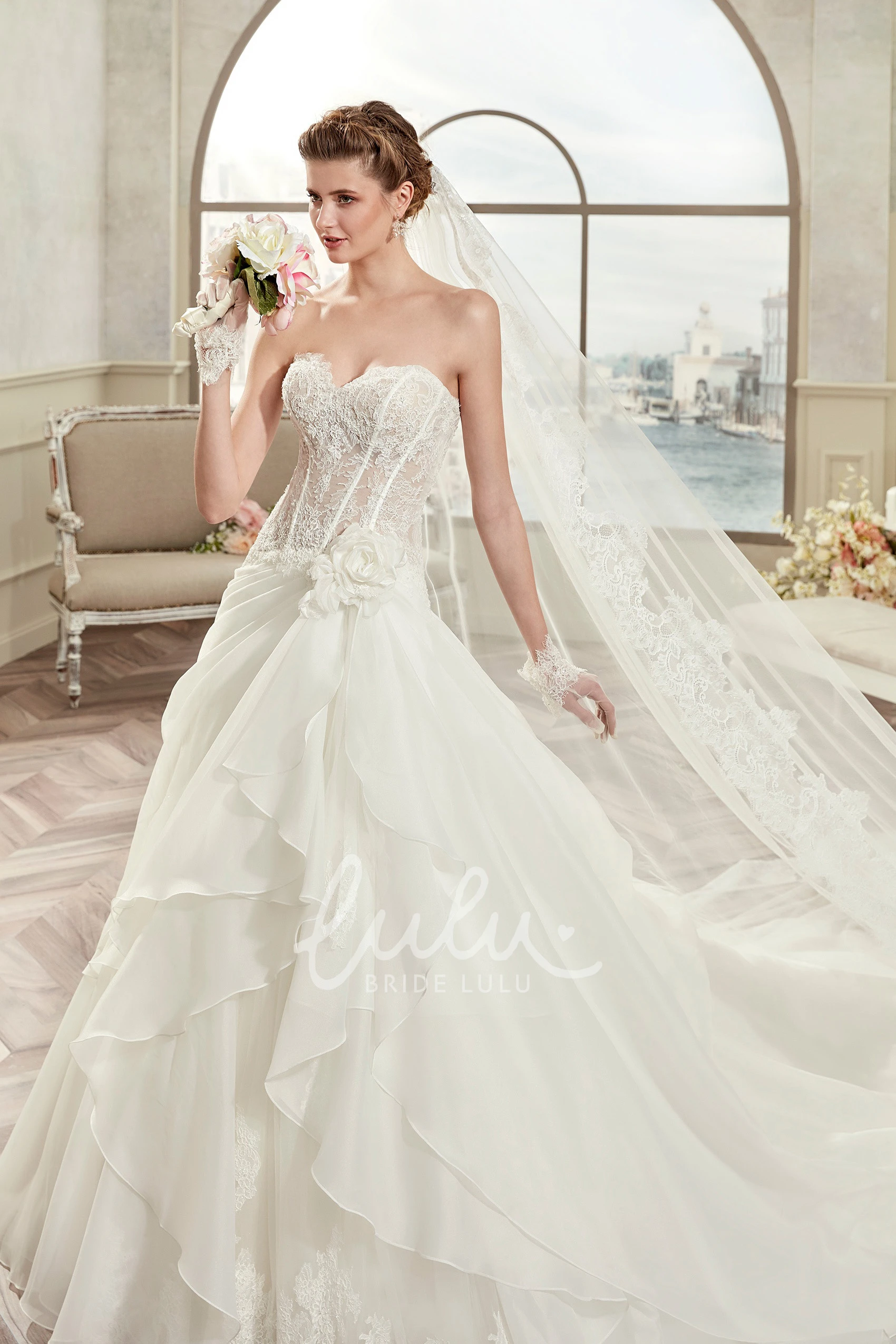 Asymmetrical Ruffles A-Line Wedding Dress with Sweetheart Neckline Lace Corset