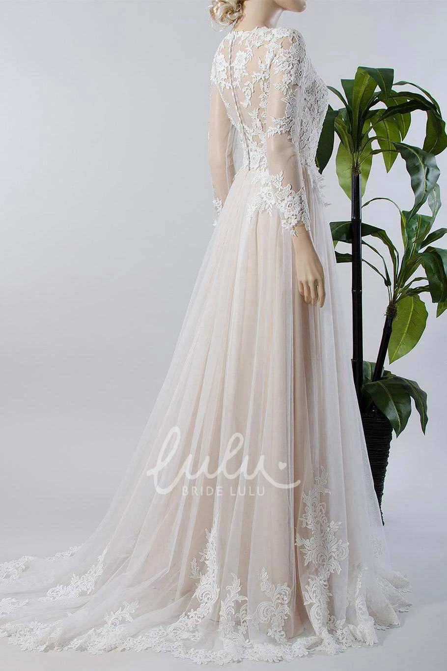 A-Line Tulle Wedding Dress with Lace Applique and Illusion Long Sleeves
