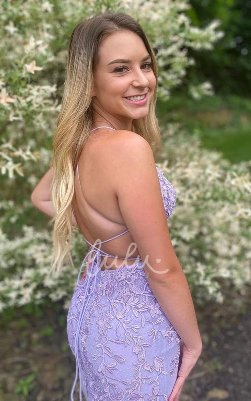 Bodycon Lace Spaghetti Short Homecoming Dress with Cross Back and Appliques Casual Formal Dress