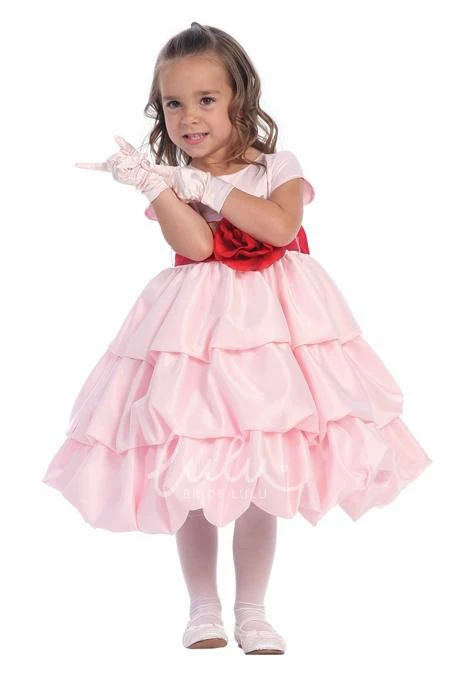 Satin Cap-Sleeve Tiered Tea-Length Flower Girl Dress with Ribbon