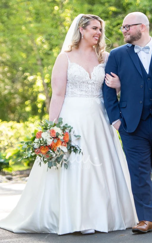 Modest A-Line Plus Size Spaghetti Sweep Train Sleeveless Garden Satin Wedding Dress