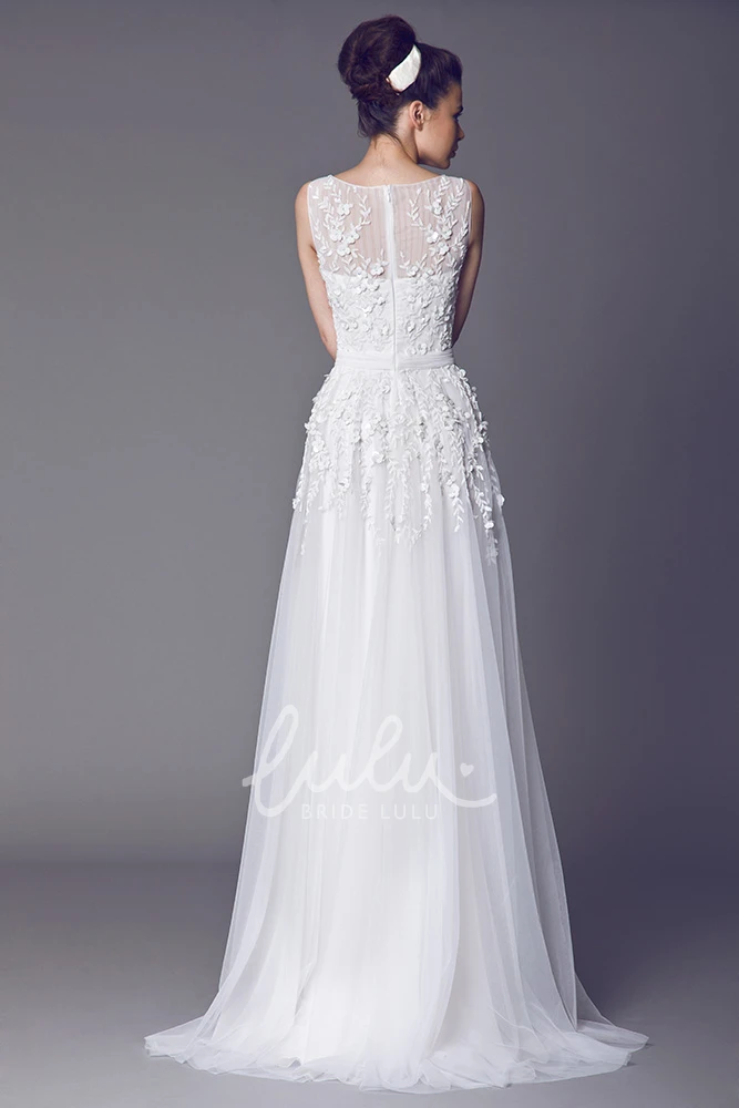Illusion Back Tulle Wedding Dress with Pleats A-Line Sleeveless Long