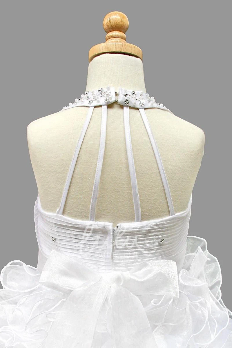 Tea-Length Ruffled Flower Girl Dress with Natural Sequins&Organza and Beaded Tiered Design