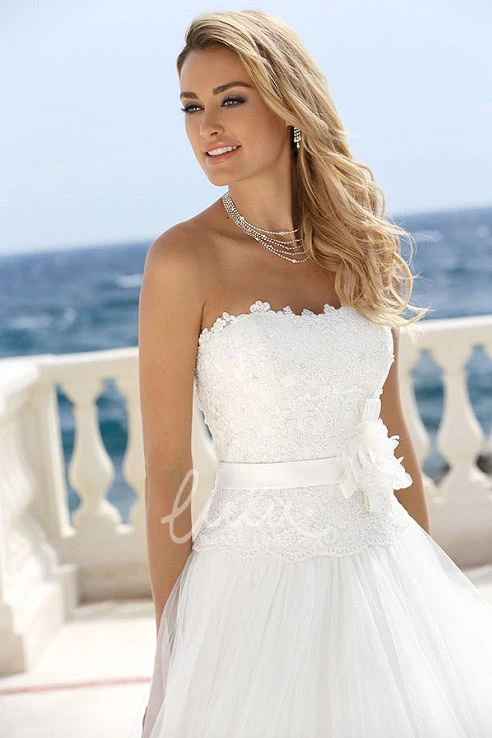 Strapless Sleeveless A-Line Wedding Dress Floor-Length with Tulle Appliques and Flower