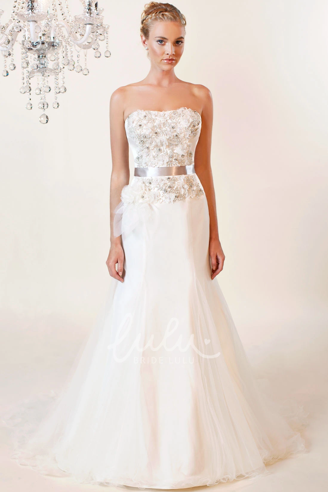 Floral Tulle Mermaid Wedding Dress with Beading and Bow