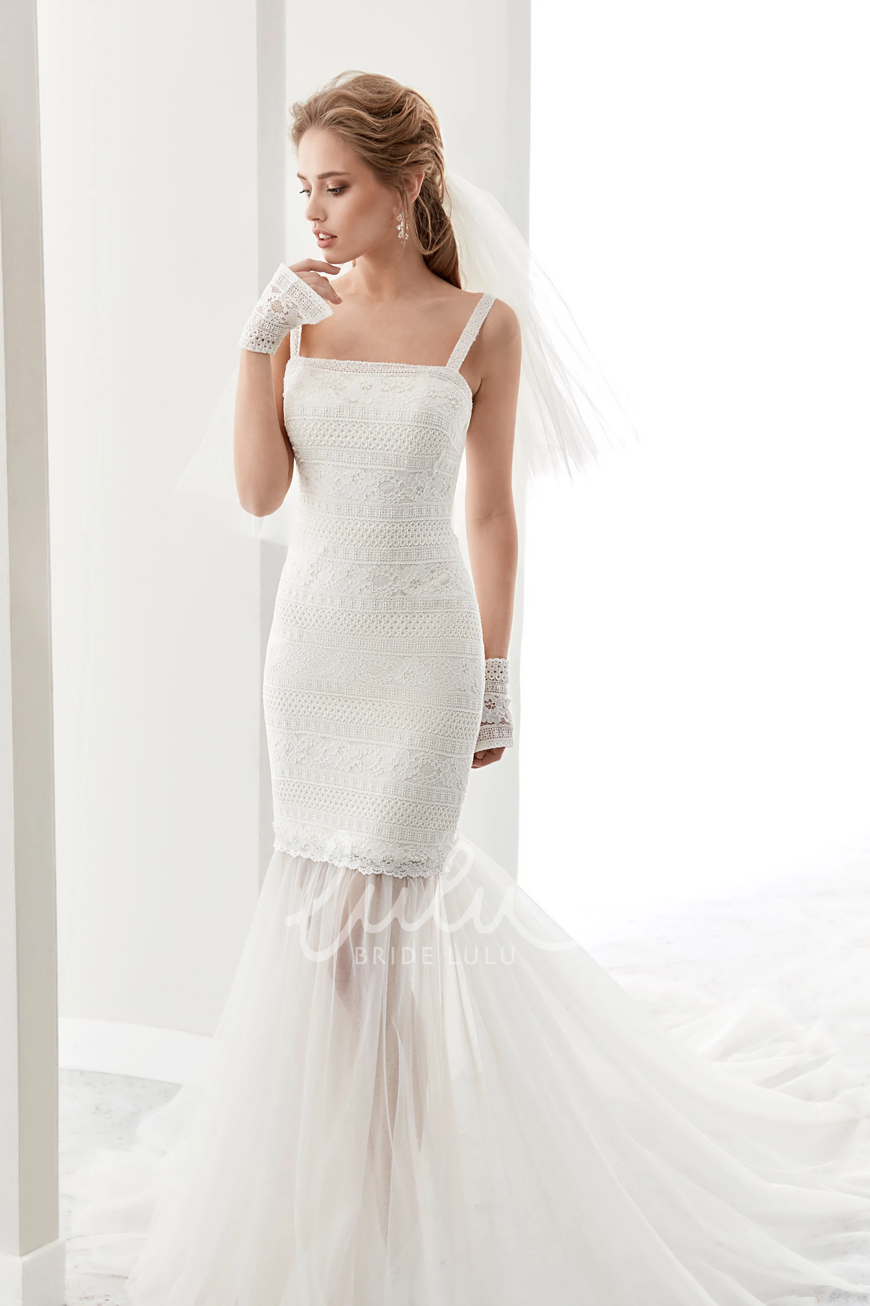 Lace Sheath Wedding Dress with Square Neckline and Detachable Tulle Bottom