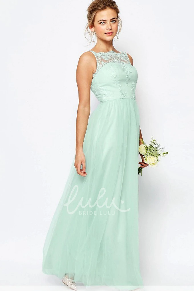A-Line Lace Tulle Bridesmaid Dress Sleeveless Ankle-Length Bateau Neck