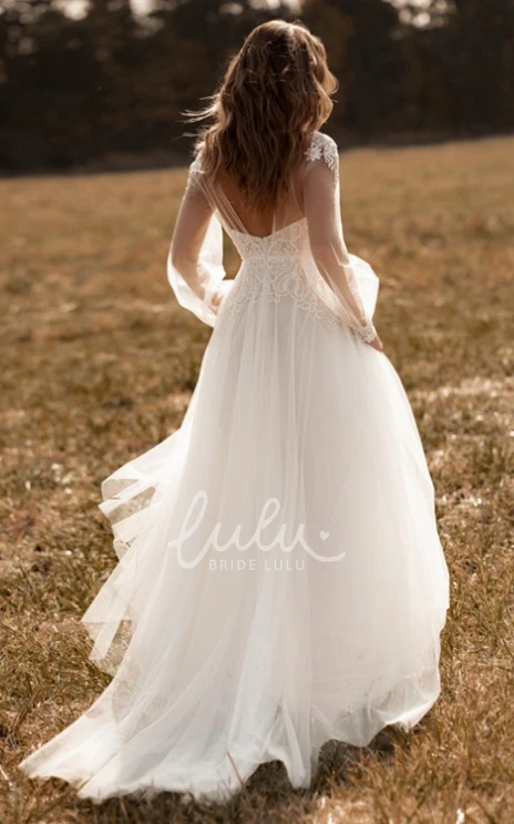 Romantic Plunging Neckline Tulle Wedding Dress with Appliques A-Line Wedding Dress