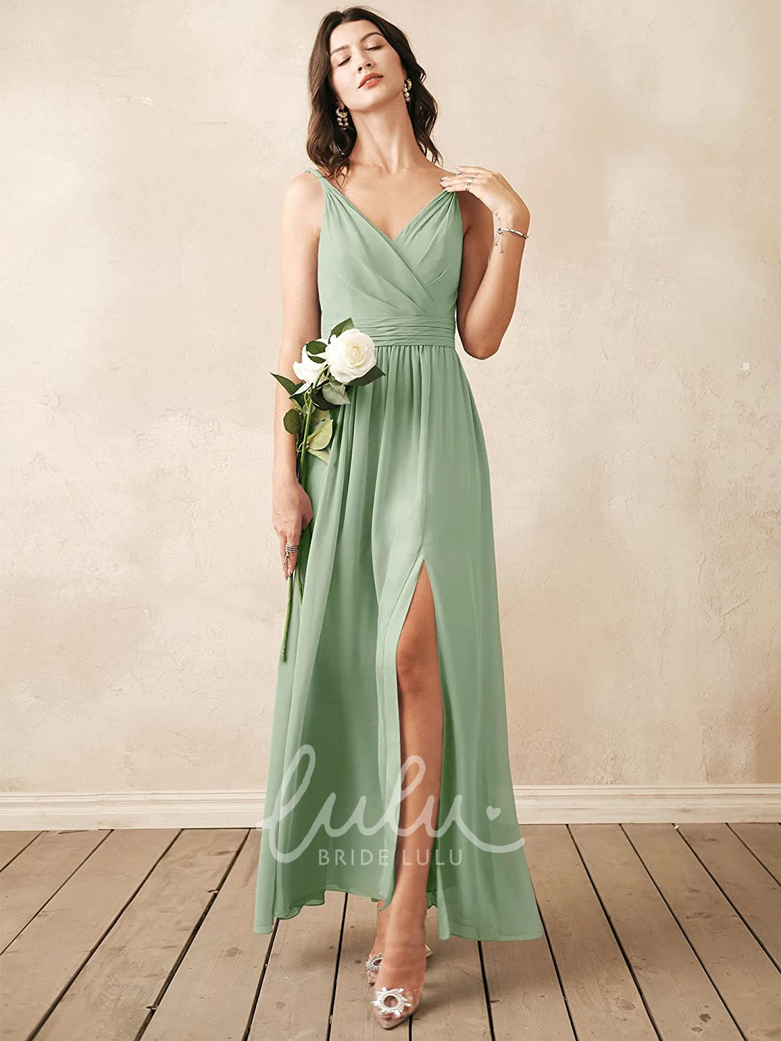 Sleeveless V-neck Chiffon A-line Bridesmaid Dress with Ruching Romantic