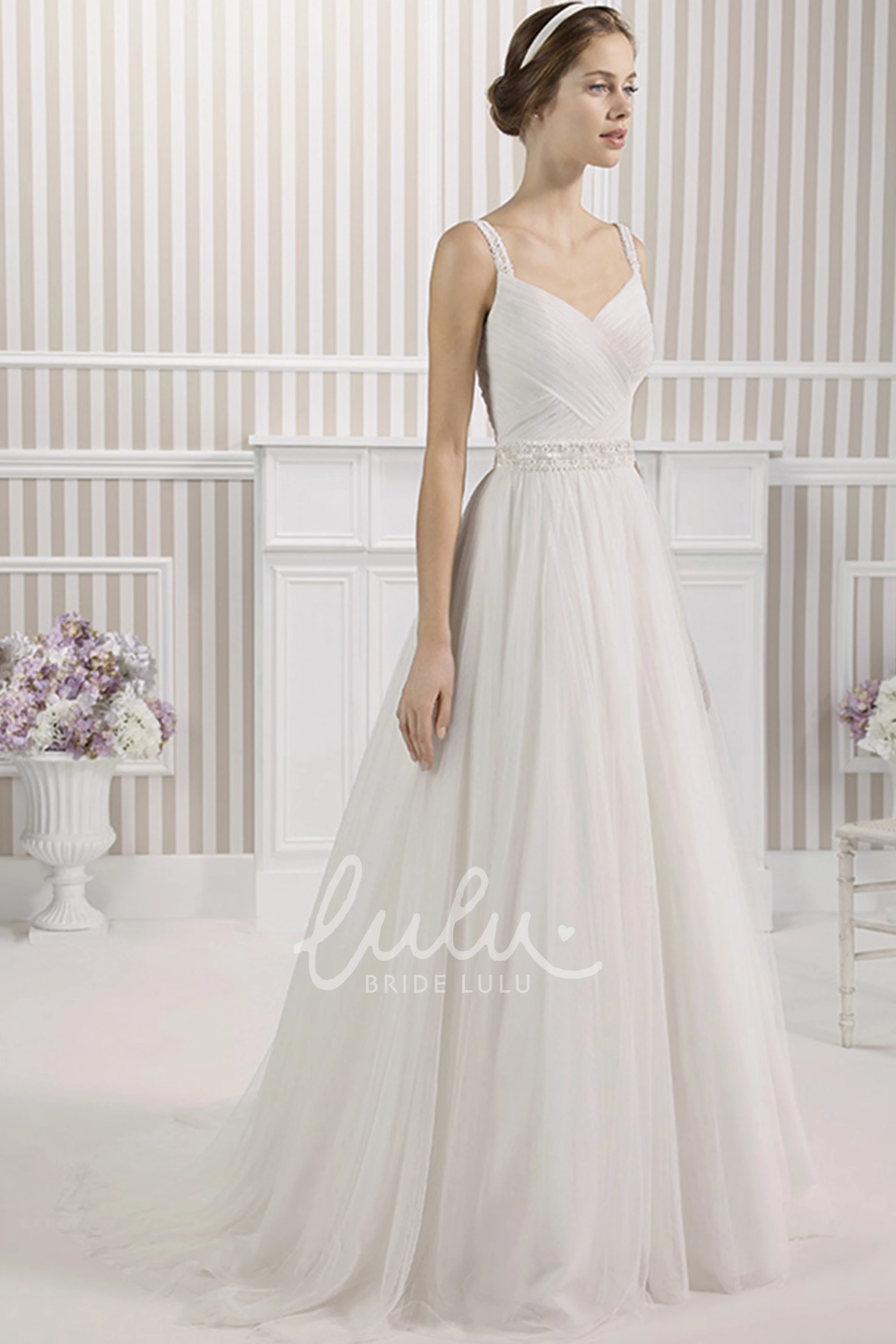 Jeweled Tulle A-Line Wedding Dress with Ruching and Low-V Back