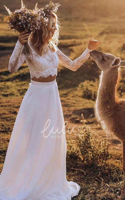 Two Piece Chiffon Lace Wedding Dress with Sweep Train Sexy Long Sleeve Bateau