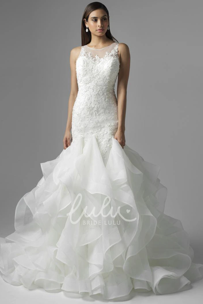 Scoop Appliqued Lace Wedding Dress with Court Train and Illusion Classy Lace Wedding Dress