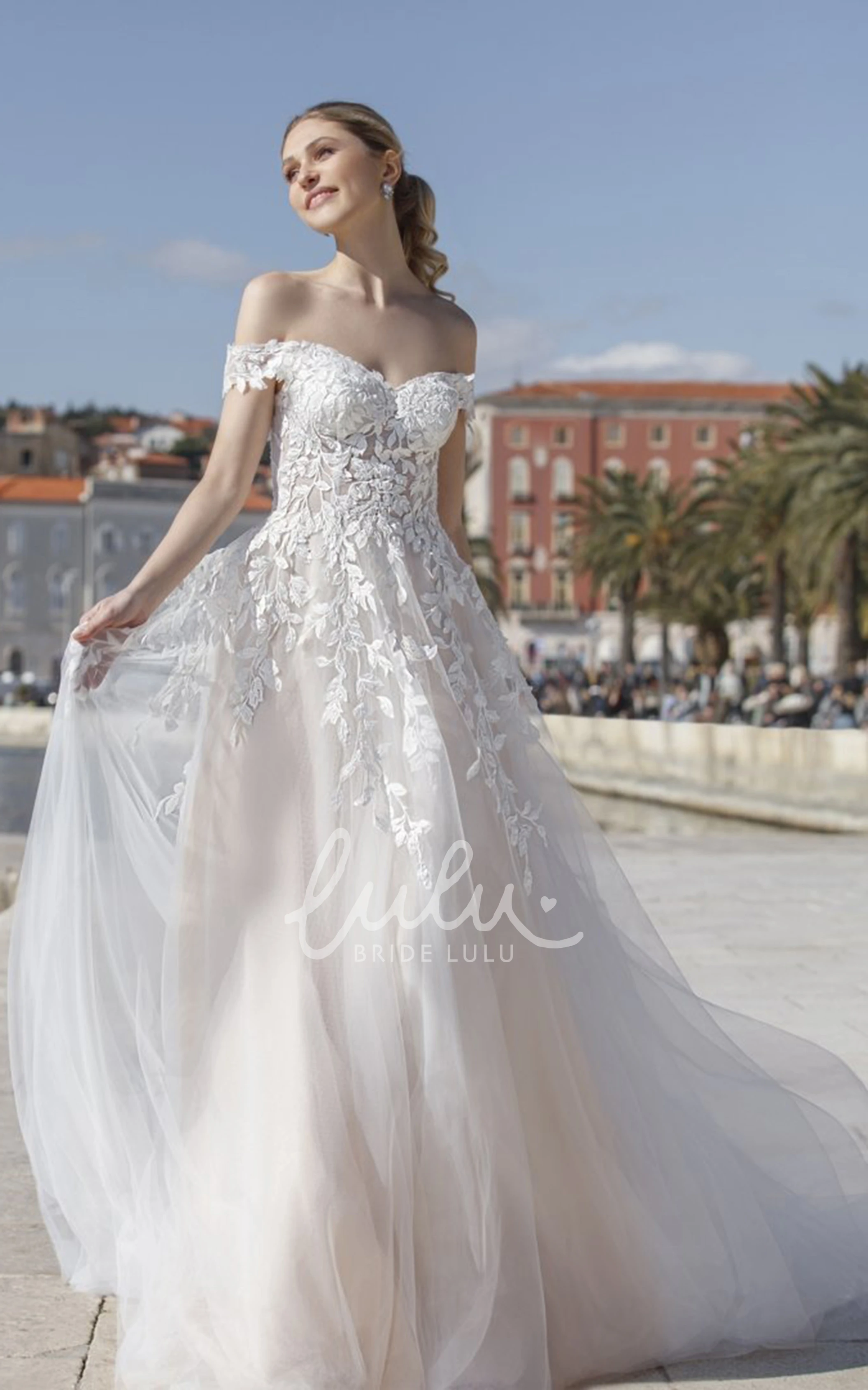 Off-the-shoulder A-Line Lace Sexy Romantic Wedding Dress with Low-V Back Button Back