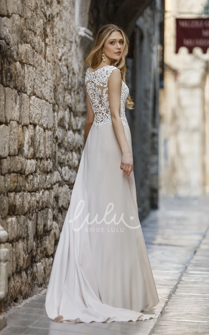 V-neck Boho Sheath Bridal Gown Brush Train Satin Lace with Button Short Sleeve