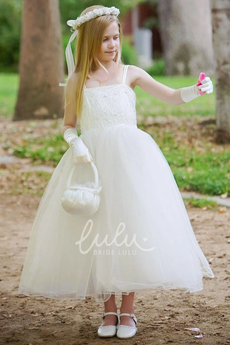 Tulle & Lace Spaghetti Strap Flower Girl Dress with Tiered Skirt Bridesmaid Dress