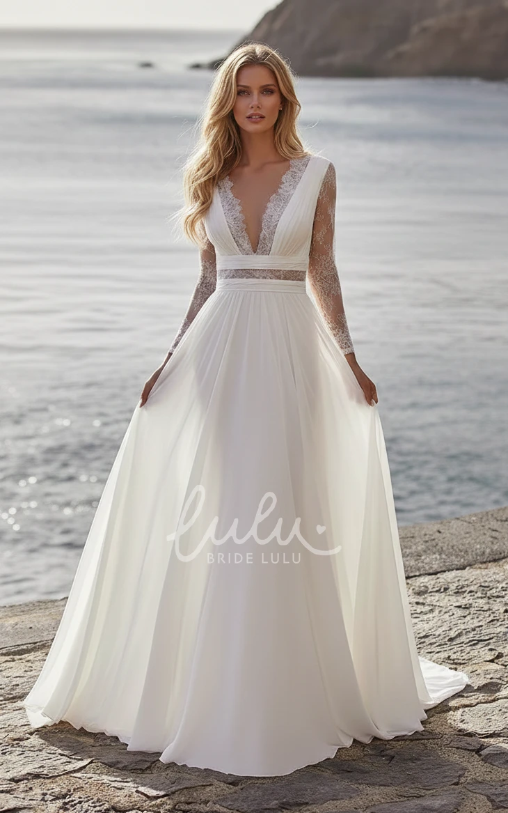Bohemian Pleated Plunging V-neck A-Line Lace Long Sleeve Floor-length Summer Wedding Dress Destination Gown