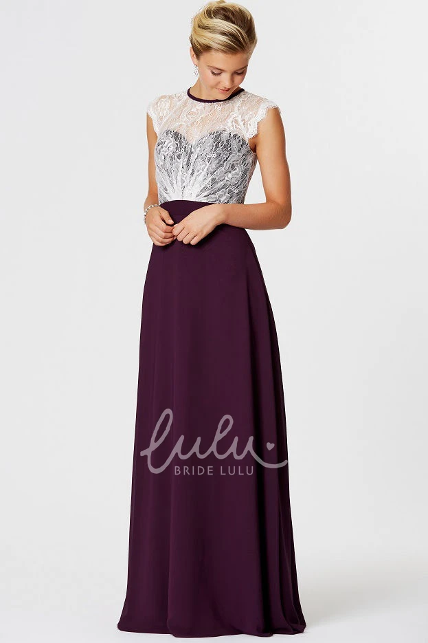 High Neck Chiffon Bridesmaid Dress with Lace Bodice and Illusion Back in Sleeveless Style