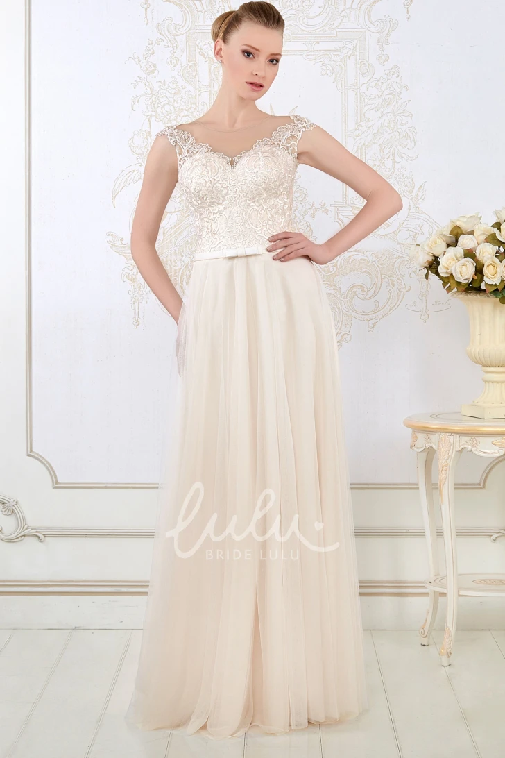 Cap-Sleeve Appliqued Tulle Sheath Wedding Dress V-Neck Floor-Length