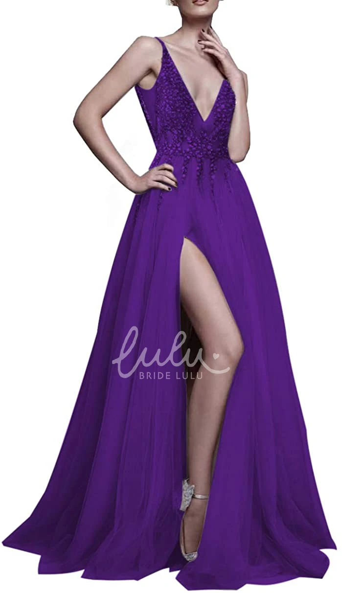 Sleeveless V-neck Tulle A-line Prom Dress with Beading Glamorous