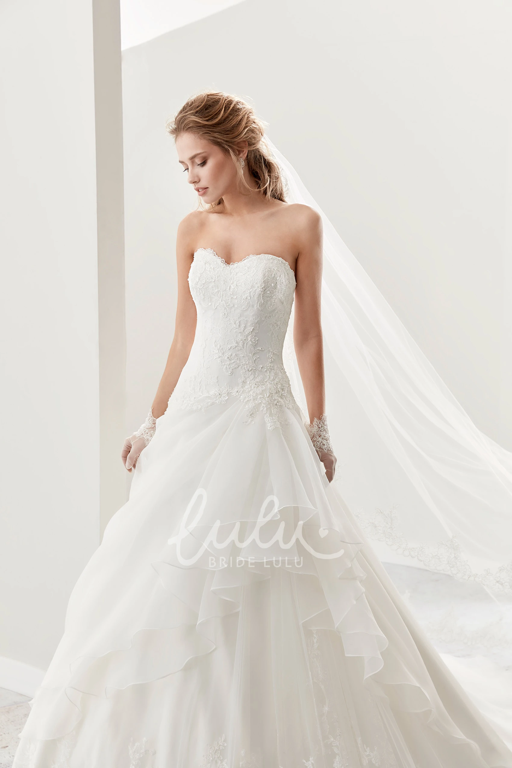 Sweetheart Brush-Train A-Line Bridal Gown With Beaded Corset And  Asymmetrical Ruffles