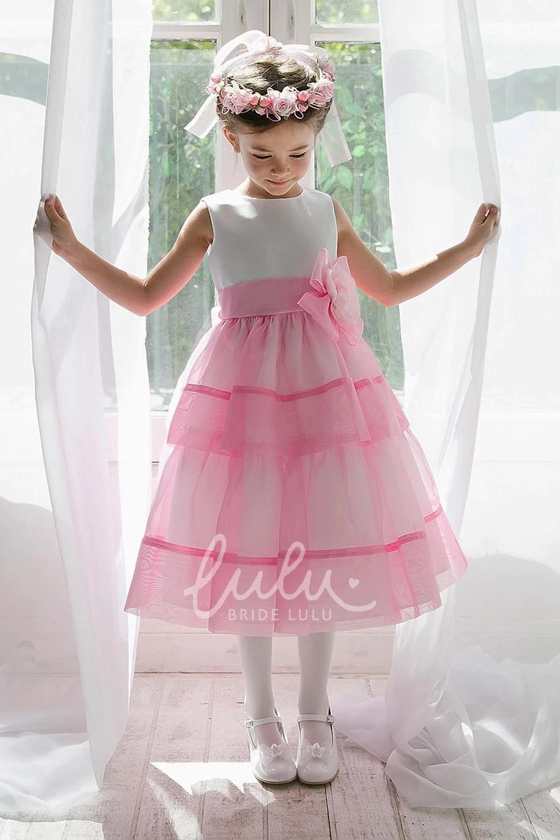 Tiered Floral Organza Tea-Length Flower Girl Dress with Beaded Sequins