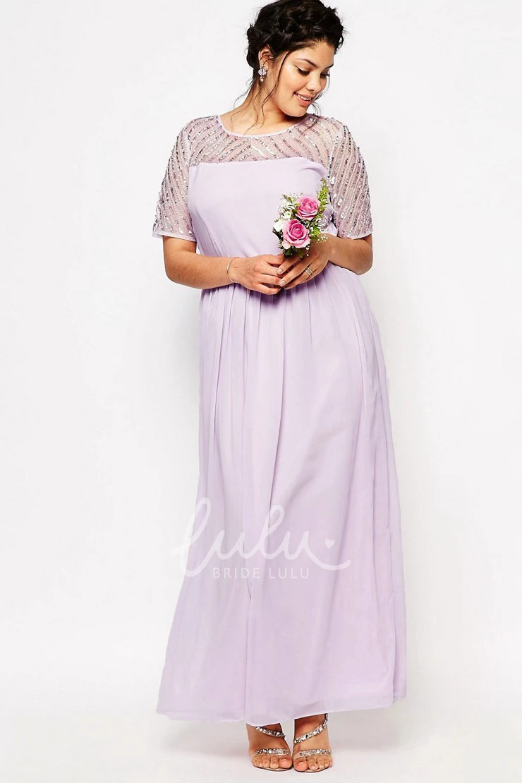 Sequined Chiffon Bridesmaid Dress with Short Sleeve and Scoop Neck