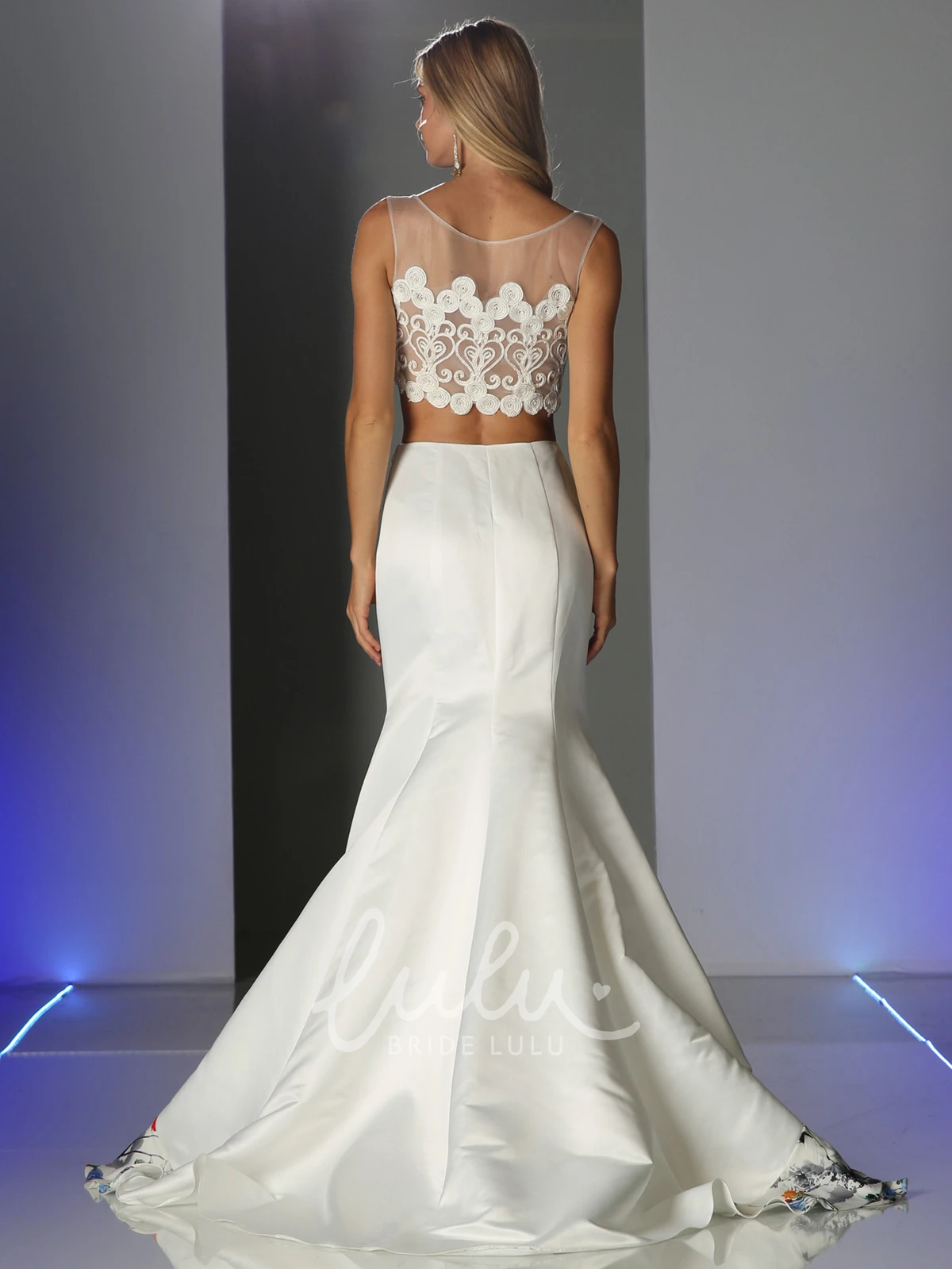 Sleeveless Satin Two-Piece Trumpet Illusion Formal Dress with Appliques and Ruffles