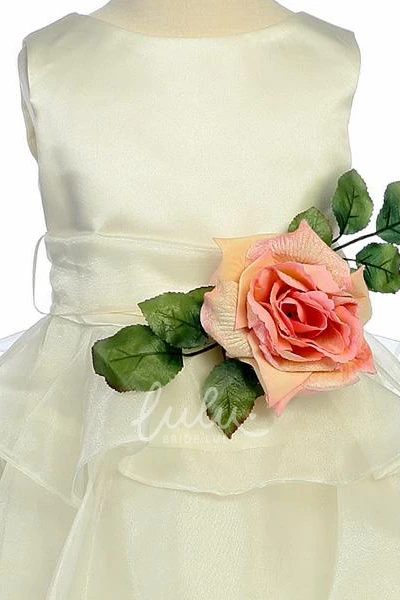 Tiered Organza Tea-Length Flower Girl Dress with Floral Design Flowy Wedding Dress