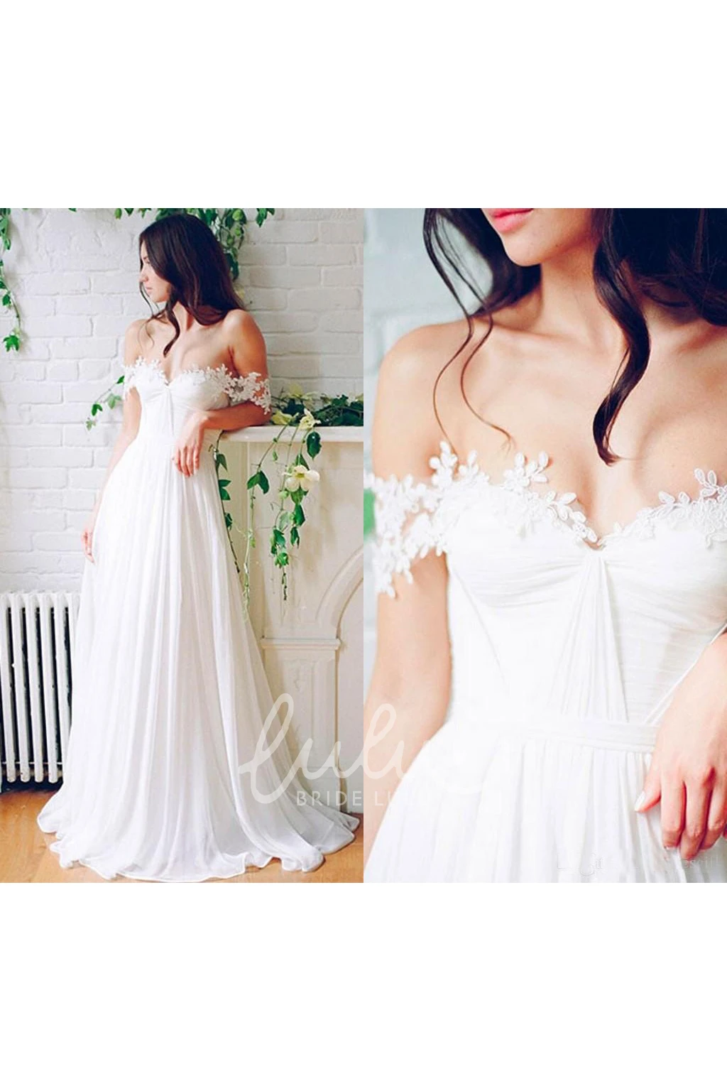 Chiffon Lace Off-the-Shoulder A-Line Wedding Dress Beach Bridal Gown