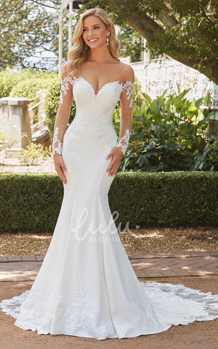 Mermaid Classic Illusion Sexy V-Neck Lace Applique Long Tail Warm Wedding Dress With Long Sleeves