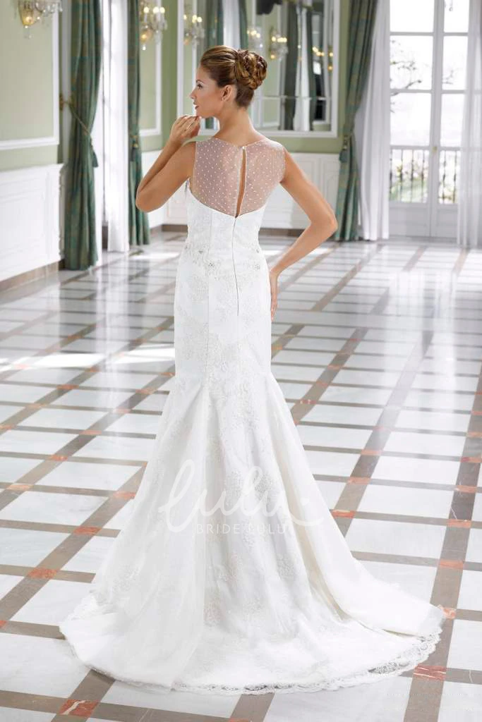 Sleeveless Lace Mermaid Wedding Dress with Illusion Back and Court Train Bateau