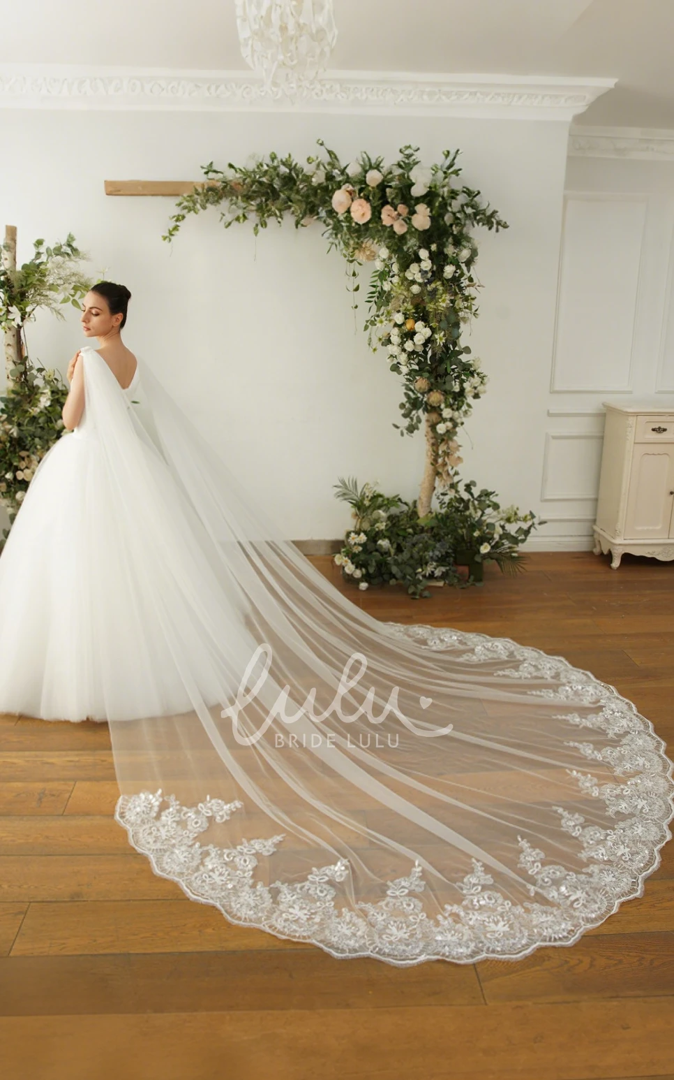 Sparkly Elegant Boho Lace Sequins Tulle Single Tier Cathedral Length WeddingVeils