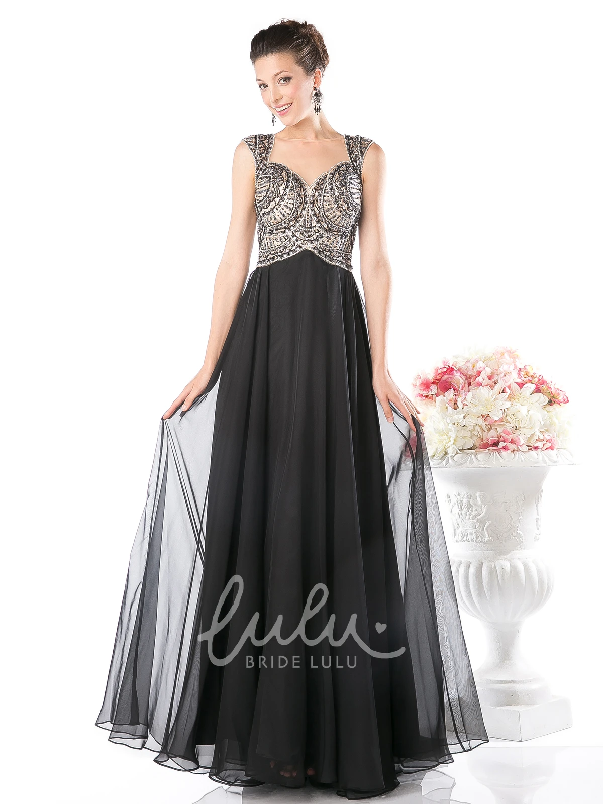 Chiffon Queen Anne Illusion Bridesmaid Dress with Beading and Pleats