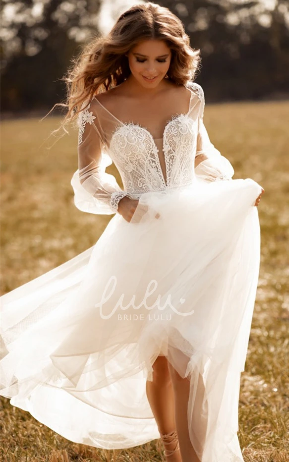 Romantic Plunging Neckline Tulle Wedding Dress with Appliques A-Line Wedding Dress