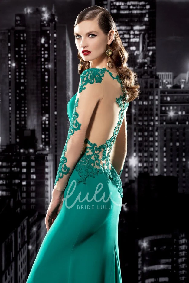 Jersey Sheath Illusion Dress with Jewel-Neck and Long Sleeves