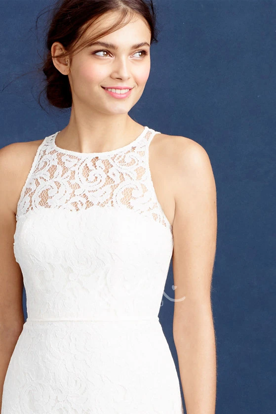 Lace Pencil Winter Wedding Dress with Scoop Neck Sleeveless Design and Split-Back Floor-Length