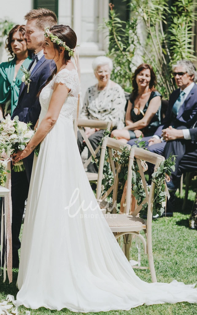 Charming Jewel Sweep Train A Line Chiffon Wedding Dress with Appliques Classy Bridal Gown